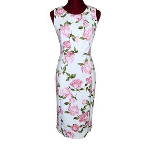 Stella & Julie Floral Sheath Dress Women's 6 White Pink Green Rose Print Cottage